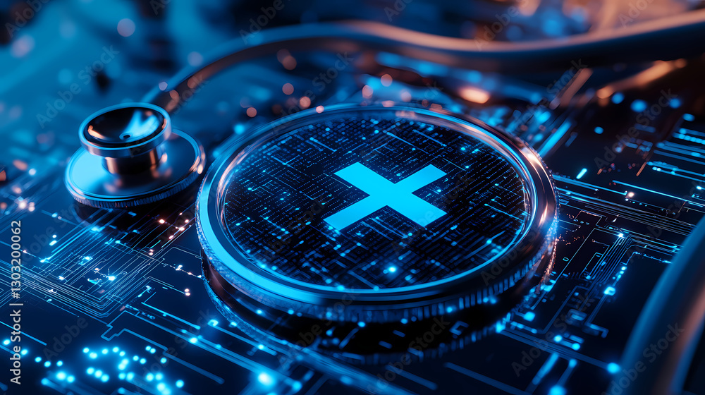 Poster digital healthcare: a close-up shot of a circuit board adorned with a stethoscope and an illuminated