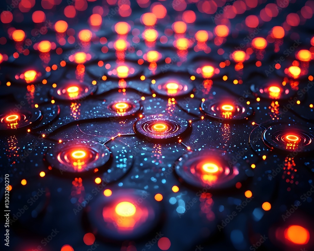 Poster futuristic neon lit intersecting grid of glowing geometric shapes for an abstract techno background