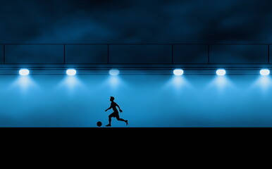 Fototapeta premium Silhouette of soccer player running under stadium lights. Ideal for inspirational posters, sports ads, and fitness blogs. Keywords: soccer night, speed, football silhouette.