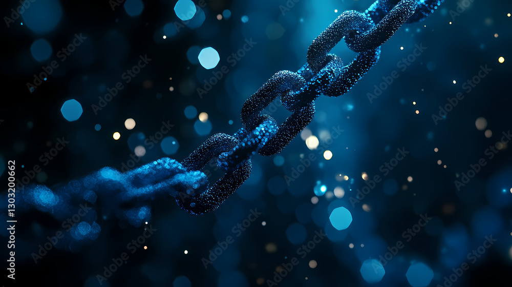 Poster strength in connection: close-up of a sturdy chain shimmering against a backdrop of blue and a touch