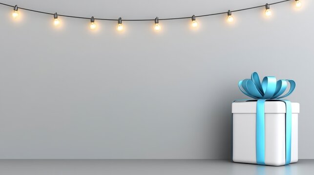White gift box with light blue ribbon against a gray wall, decorated with warm toned string lights. Festive and minimalist