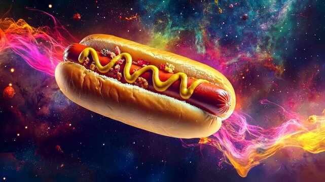 A surreal glowing hot dog floats through a cosmic space, surrounded by neon energy waves. AI-generated