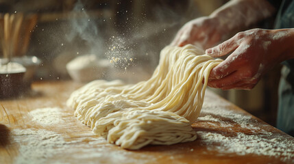 Hands Kneading Fresh Pasta Dough on Wooden Table with Flour Dust