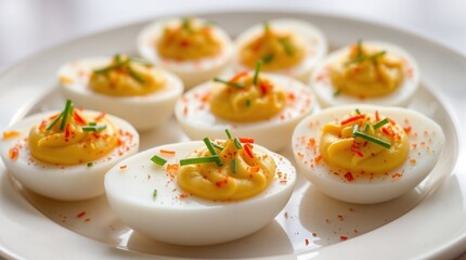 Deviled Eggs with Green Onion and Paprika on a White Plate
