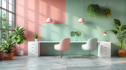 A contemporary office space designed with a calming pastel color scheme, blending productivity with tranquility. Ideal for showcasing modern work environments, creative spaces, and wellness-focused of