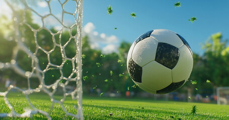 Soccer ball on field with net in background. Ideal for team spirit visuals, school sports, or training day. Keywords: green grass, football goal, ball on field.

