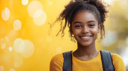 bible study happy african american schoolgirl with backpack and book on yellow background