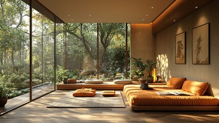 Fototapeta premium Serene Sunlit Room with Large Windows Overlooking a Lush Green Garden in a Tranquil Natural Setting