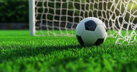 Soccer ball on field with net in background. Ideal for team spirit visuals, school sports, or training day. Keywords: green grass, football goal, ball on field.

