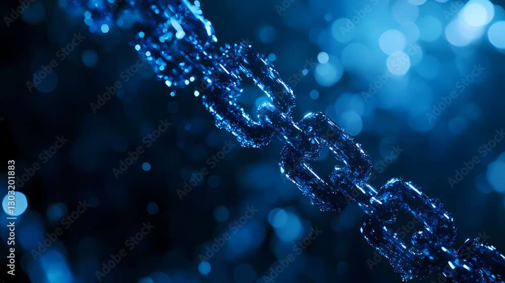 Poster digital chain: a close-up of a digital chain made of luminous blue particles, symbolizing connectivi