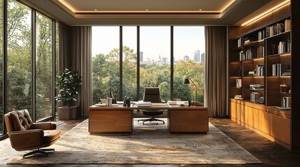 Fototapeta premium Modern Office Interior with Large Windows Overlooking Cityscape, Elegant Furniture, and Natural Light