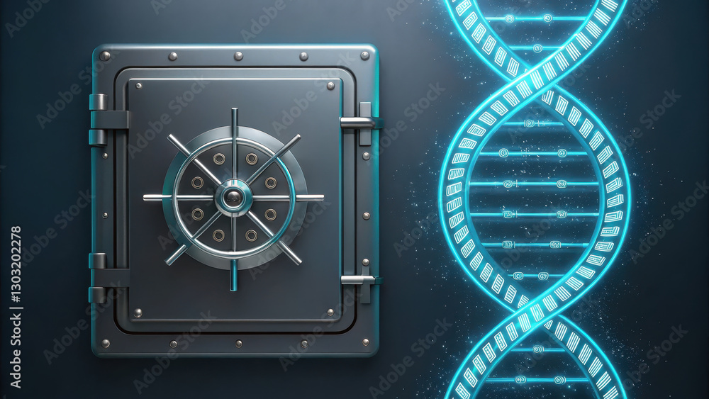 Poster secure vault icon with holographic dna strand, symbolizing protection and innovation. image conveys 