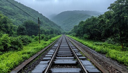 Fototapeta premium Rainy Mountain Railway Tracks