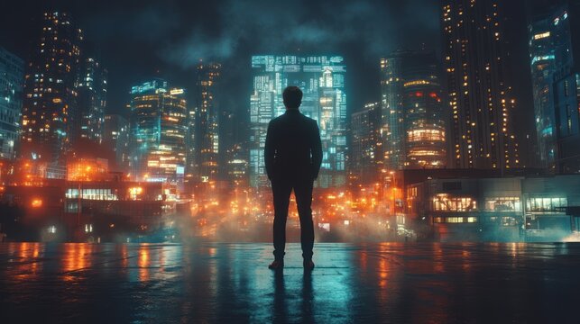 Man silhouetted against a vibrant, futuristic cityscape at night, standing on a reflective surface.
