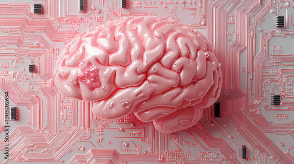 Aufkleber brain on circuitry: a surreal composite of a human brain resting atop a cutting-edge circuit board, 