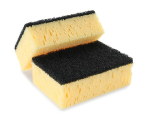 Two yellow sponges isolated on white. Cleaning supply