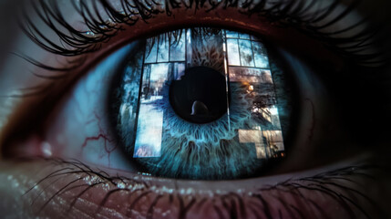 Intricate close-up of an eye reflecting vibrant digital imagery and colors in a creative display of human and technology interaction