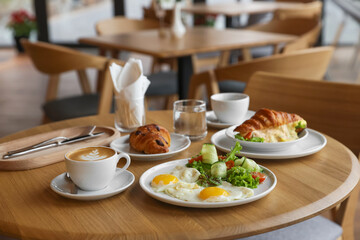 Delicious breakfast served on wooden table in cafe