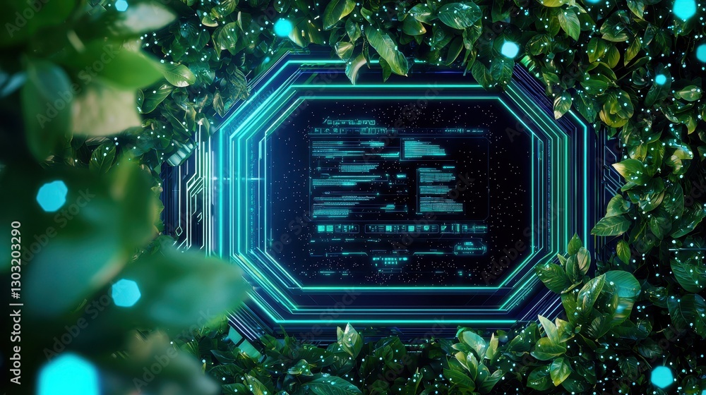 Poster futuristic technology advertisement framed by lush greenery with sleek digital display and tech inte