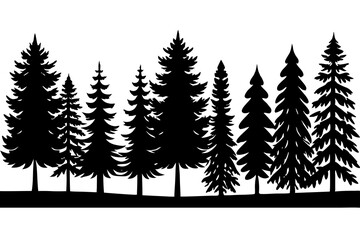 Naklejka premium Forest tree silhouettes collection. Pine trees horizontal pattern panorama background. Vector illustration Fir trees silhouettes set. Coniferous spruce horizontal background 