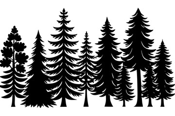 Obraz premium Forest tree silhouettes collection. Pine trees horizontal pattern panorama background. Vector illustration Fir trees silhouettes set. Coniferous spruce horizontal background 