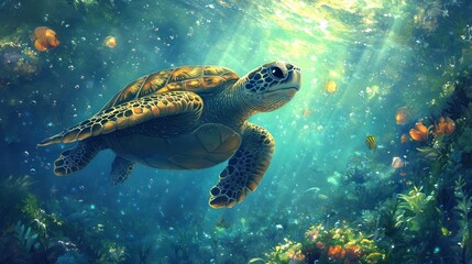 Fototapeta premium Sea turtle gracefully swimming in sunlit ocean coral reef.