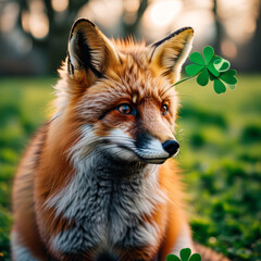 Fototapeta premium Saint Patricks Day Animal Concept, cute Saint Patrick’s Day green fox, Irish green fox, glover field, shamrock, gold coins, rainbow, Irish tradition
