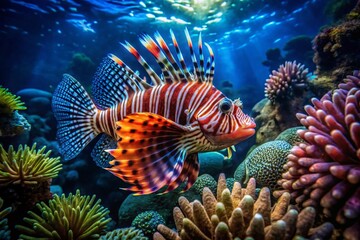 Vibrant Lionfish in Coral Reef - Low Light Underwater Photography