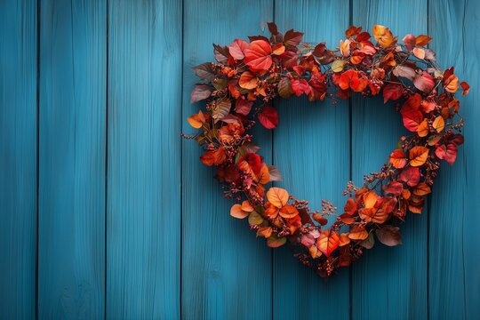 Heart-shaped floral wreath on rustic blue wooden background