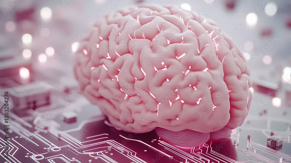 Poster digital brain: a conceptual image of the human brain integrated with a circuit board, representing t