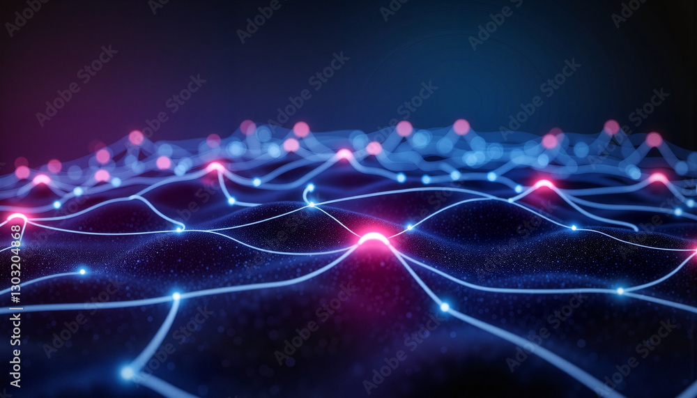 Poster glowing blockchain network visualization in deep blue, digital technology