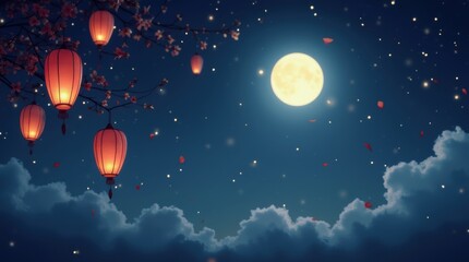 Serene night sky with full moon and lantern silhouettes, reflecting the tranquil beauty of the Mid-Autumn Festival