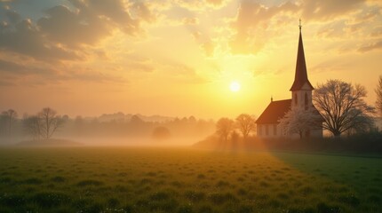 Obraz premium A serene sunrise shining over a church steeple on Easter morning, with golden light spreading over green fields and blooming trees, symbolizing hope and renewal.