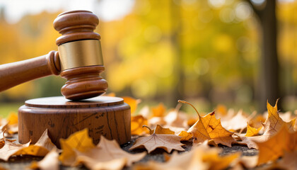Intricately carved wooden gavel resting on autumn leaves, justice symbol
