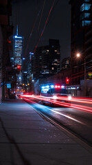 Fototapeta premium An ambulance speeds through the city at night, its lights a blur of urgency against the urban backdrop.