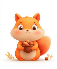 Naklejka premium Adorable Orange Cartoon Squirrel Holding Nuts Basket White Background