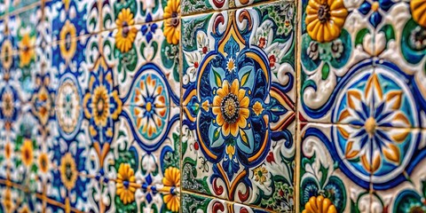 Vibrant Portuguese Azulejos Tiles with Bokeh Background - Stock Photo