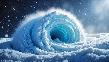Intense polar vortex spiral in ice blue, natural cold phenomenon
