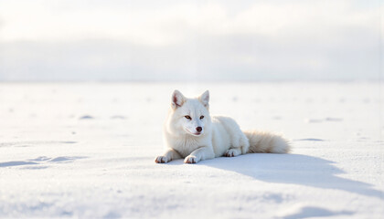 Fototapeta premium Arctic fox resting on snowy tundra, serene nature