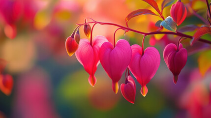 A branch of delicate pink bleeding heart flowers in full bloom, bathed in soft glowing light

