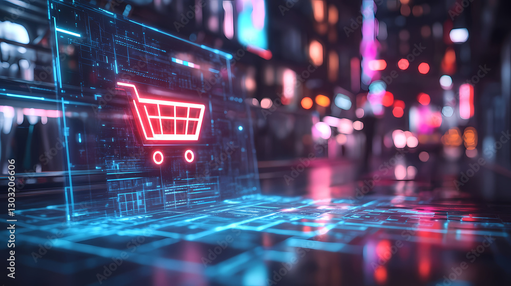 Poster digital shopping cart: an illuminated shopping cart symbol glows within a futuristic digital interfa