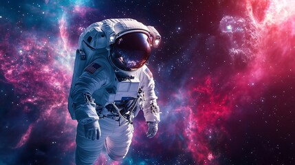 A white astronaut floating in space, surrounded by colorful galaxies and nebulae, creating an otherworldly atmosphere for a travel-themed.