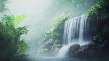 Waterfall cascading down rocks in a lush jungle, surrounded by green foliage, mist rising, dramatic nature background