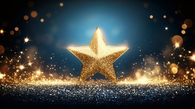 Golden star shining over glittering blue background with bokeh lights