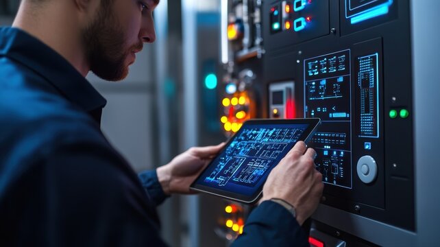 A skilled electrician inspects and analyzes electrical systems with a tablet in a well-equipped control room. The environment is streamlined and technology-driven, indicating a modern workspace