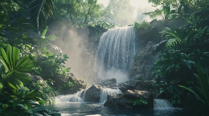 Waterfall cascading down rocks in a lush jungle, surrounded by green foliage, mist rising, dramatic nature background