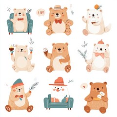 Fototapeta premium Adorable Cartoon Bears Enjoying Ice Cream and Relaxing