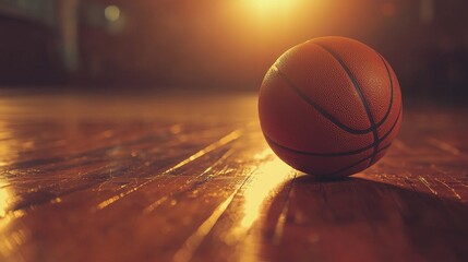 Brightly Lit Basketball on Gleaming Wooden Court Surface