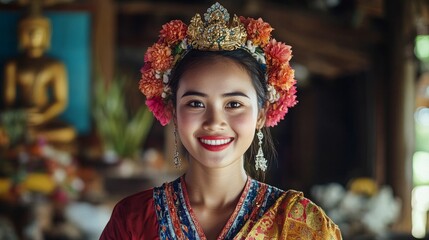 Smiling woman wearing ornate headpiece and cultural dress.