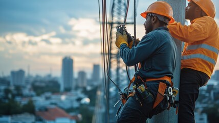 Two electricians are diligently working on a high-rise building, handling electrical cables while surrounded by an urban skyline at sunset. Their focus shows their expertise